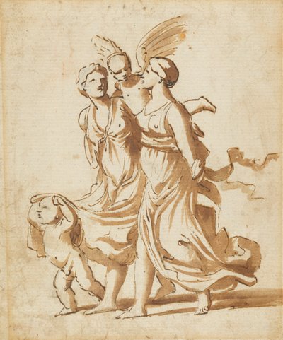 Dos chicas acompañadas por Cupido, c.1625 de Nicolas Poussin
